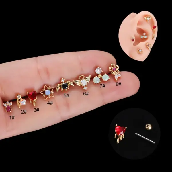 316L Stainless Steel Copper Zircon Ear Cartilage Rings & Studs Heart Shape Waterproof Non Tarnish Surgical Steel