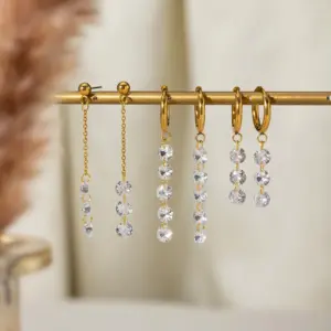 Wholesale 304 Stainless Steel Round PVD Coated 18K Real Gold Plated Real Gold Plated 18K Gold Simple Style Shiny Waterproof Non Tarnish Zircon White Drop Earrings