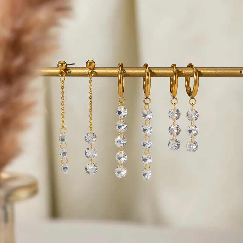 Wholesale 304 Stainless Steel Round PVD Coated 18K Real Gold Plated Real Gold Plated 18K Gold Simple Style Shiny Waterproof Non Tarnish Zircon White Drop Earrings