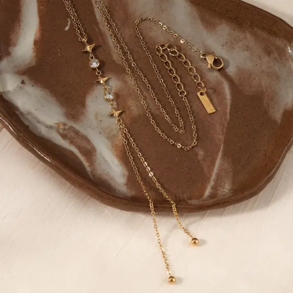 304 Stainless Steel Round Star Lines PVD Coated Zircon Real Gold Plated Necklace