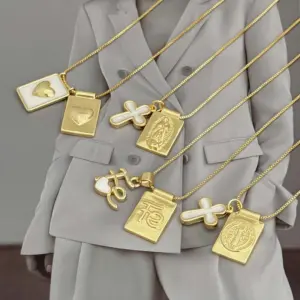 Wholesale Casual Copper Plated 18K Gold Drip Necklace Religious Symbol Pattern/Heart/FE Letter/Cross Double Pendant Jewelry Gift For Men And Women