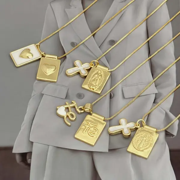 Wholesale Casual Copper Plated 18K Gold Drip Necklace Religious Symbol Pattern/Heart/FE Letter/Cross Double Pendant Jewelry Gift For Men And Women