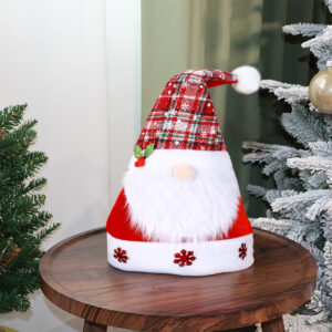 Santa claus wears red and white checkered christmas hat / All yards