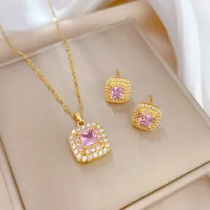 Wholesale Golden Plated 304 Stainless Steel Electroplating Square Sweet Earrings Necklace For Women'S