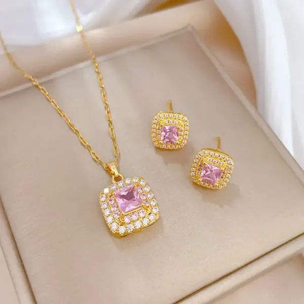 Wholesale Golden Plated 304 Stainless Steel Electroplating Square Sweet Earrings Necklace For Women'S