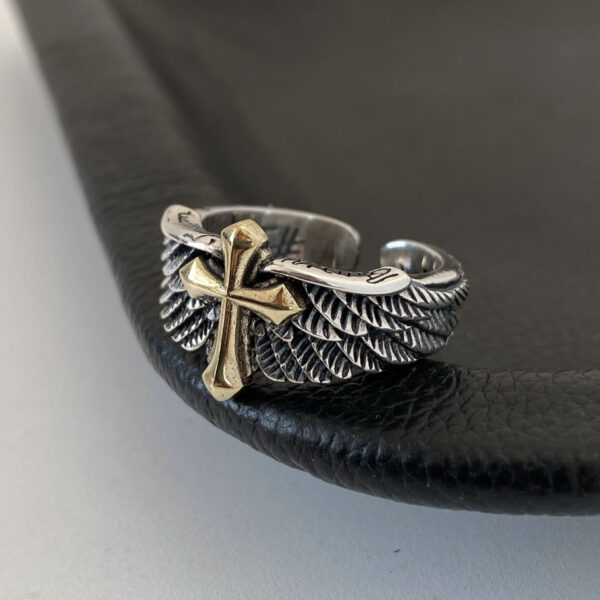 Wholesale Chiba Original Retro S925 Thai Sier Wings Cross Graiti Letter Open Ring Domineering Personalized Men's Ring