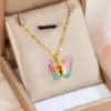 Wholesale 304 Stainless Steel Butterfly Vacuum Plating Artificial Gemstones 18K Real Gold Plated Sweet Inlay Pendant Necklace