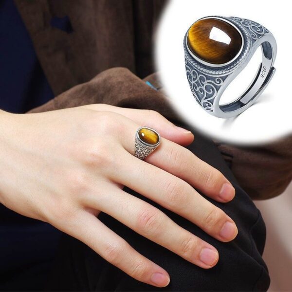Wholesale New S925 Silver Tiger Eye Stone Live Men's Ring Retro Style Natural Gift Open Ring Gold Feel