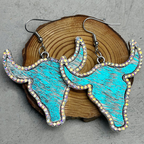 Wholesale Diamond-studded genuine leather bull head-shaped western earrings