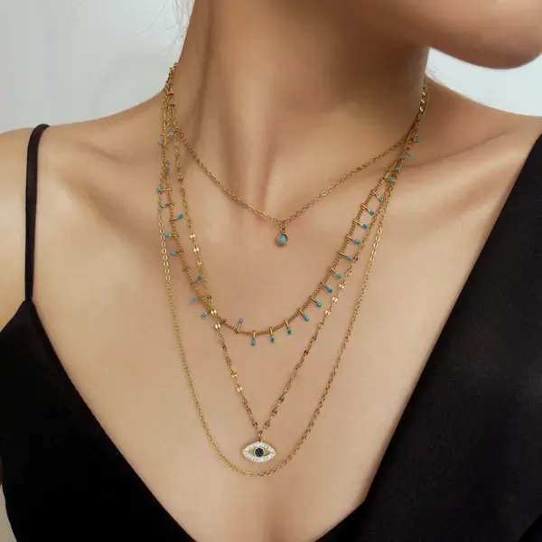 Wholesale Fashion Geometric Eye Titanium Steel Layered Rhinestones Necklace