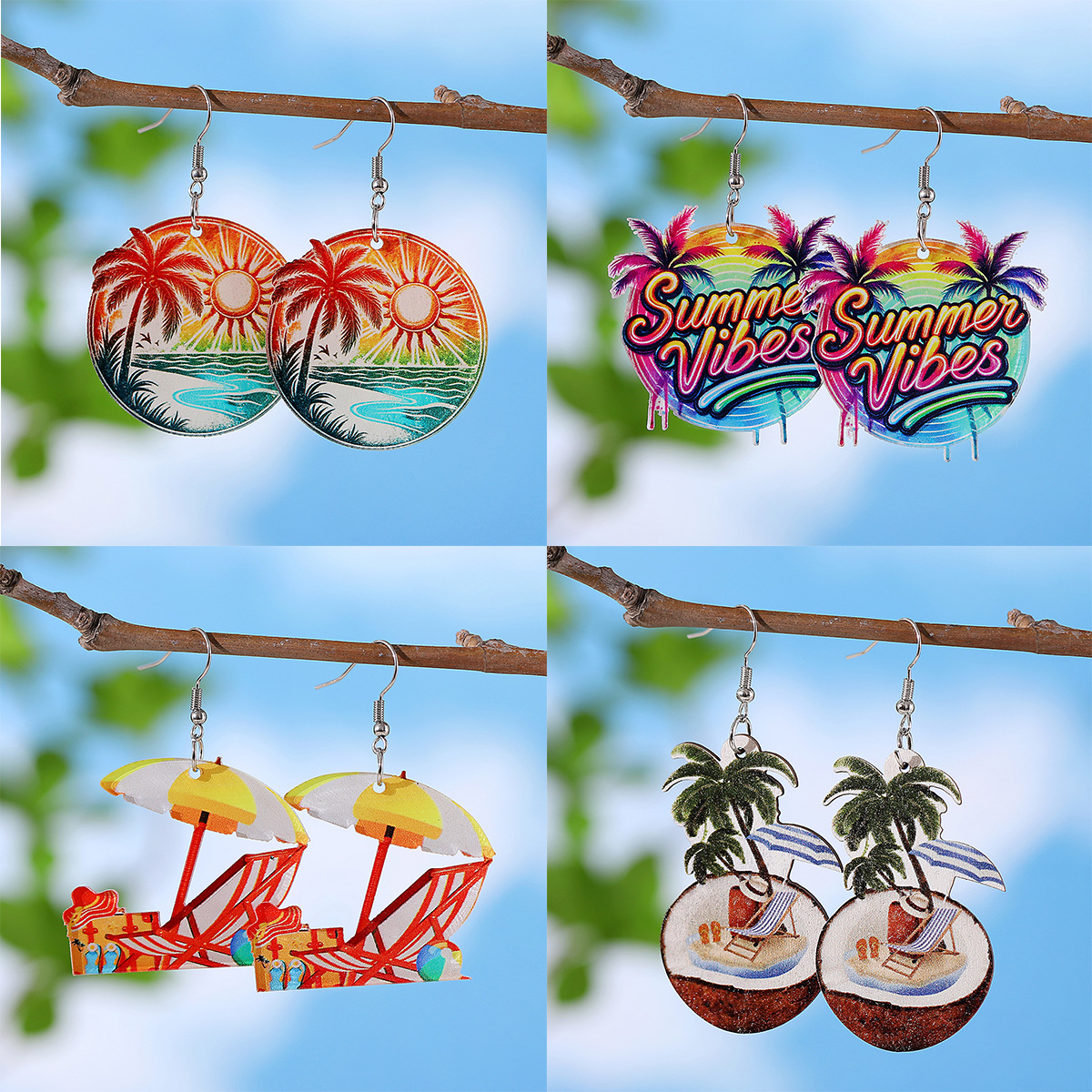 Wholesale Cross-border New Holiday Style Colorful Tropical Palm Tree nut Tree Sun Acrylic Pendant Earrings Beach Earrings