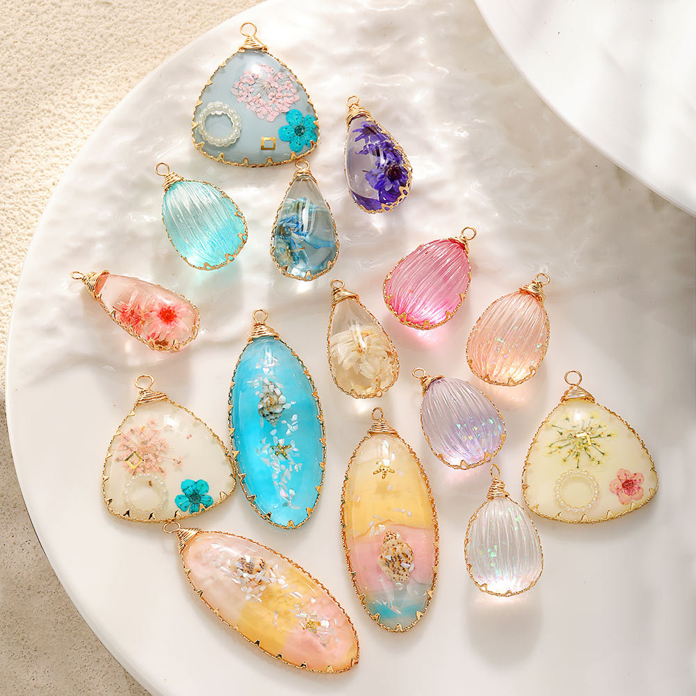 Wholesale DIY Copper Wire Edge Conch Real ied Flower Pendant Glue Jewelry Aessories Colorful Water op Aessories