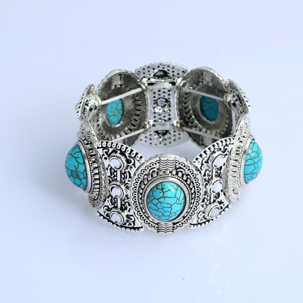 Wholesale European and American Ethnic Style Nepalese Bracelet Silver-Plated Diamond Turquoise Bracelet Retro Exaggerated Jewelry