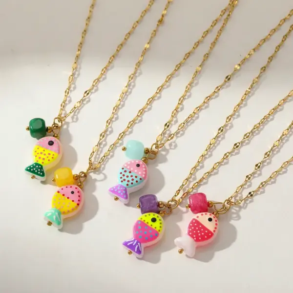 Wholesale Ion Plating (IP) Real Gold Plated 18K Gold Geometric Fish 304 Stainless Steel Casual Cute Hawaiian Waterproof Non Tarnish 304 Stainless Steel Lobster Trigger Clasp Closure Multi Charms Necklace