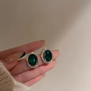 Silver Needle Emerald Diamond Oval Earrings