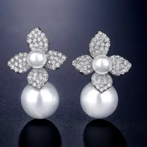 Wholesale High Quality RAKOL French Style Pearl Earrings For Women Creative Flower Micro-Paved Zirconia Fashionable Geometric Pattern