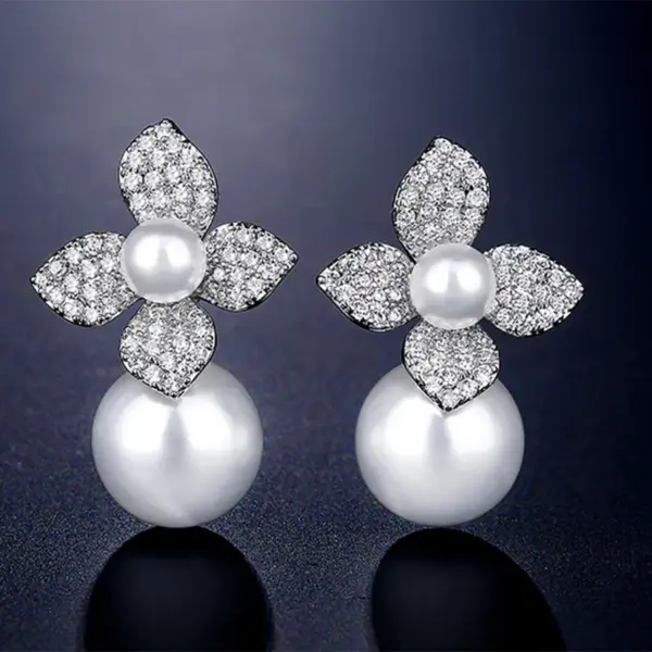 Wholesale High Quality RAKOL French Style Pearl Earrings For Women Creative Flower Micro-Paved Zirconia Fashionable Geometric Pattern
