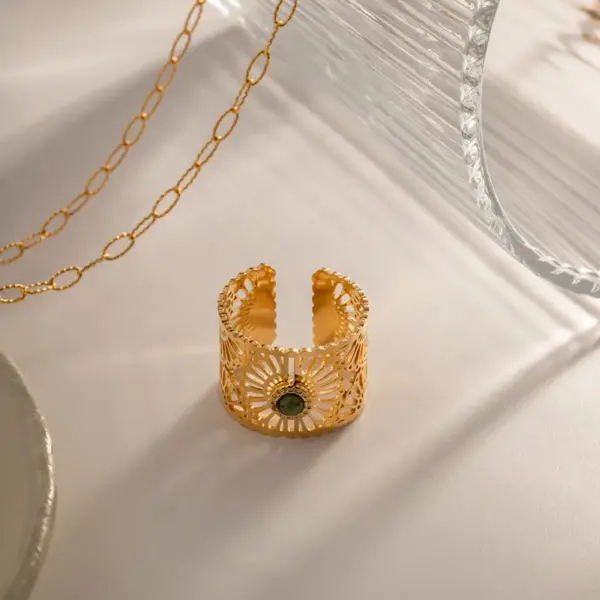 Wholesale Jewelry Fashion Round 304 Stainless Steel Natural Stone PVD Coated Plating Inlay Open Ring