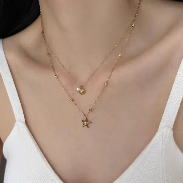 PVD Coated Real Gold Plated 18K Gold Starfish Shell 304 Stainless Steel Marine Style Simple Style Waterproof Non Tarnish 304 Stainless Steel Lobster Trigger Clasp Closure Double Layer Necklaces