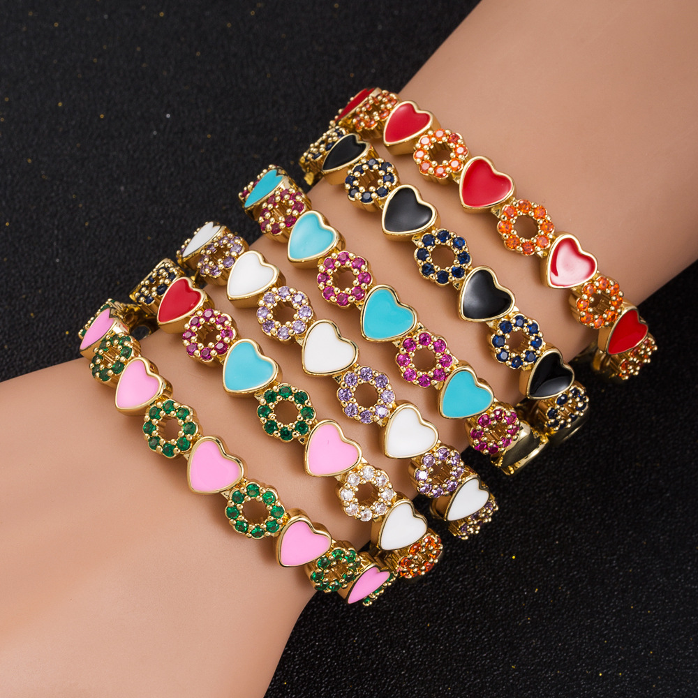 Wholesale Cross-border wholesale copper inlaid zircon enamel op oil love heart bracelet Tennis bracelet ins fashion Open bracelet