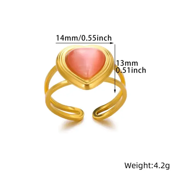Wholesale PVD Coated Real Gold Plated Heart Shape 304 Stainless Steel Synthetic Gemstones Elegant French Style Sweet Waterproof Non Tarnish Open Rings