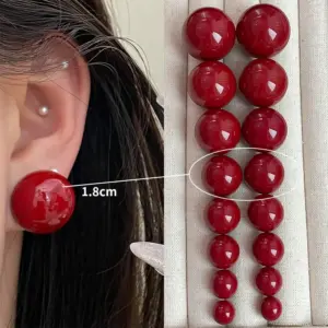 4163-1.8cm Red Bead Stud Earrings