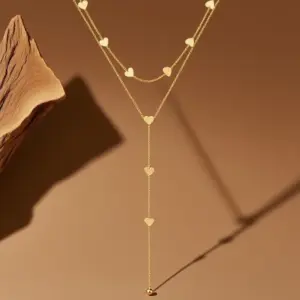 X01079-Double Layer Heart Tassel Necklace- Gold