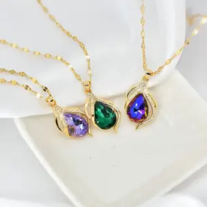 Wholesale Fairy Style Water Droplets Titanium Steel Inlay Zircon Pendant Necklace