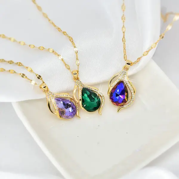 Wholesale Fairy Style Water Droplets Titanium Steel Inlay Zircon Pendant Necklace