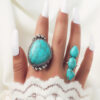 Wholesale Cross-Border Wish Hot-Selling Hand Jewelry Retro Bohemian Style Large Turquoise 2-Piece Set Ring Factory Direct Sale