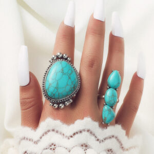 Wholesale Cross-Border Wish Hot-Selling Hand Jewelry Retro Bohemian Style Large Turquoise 2-Piece Set Ring Factory Direct Sale