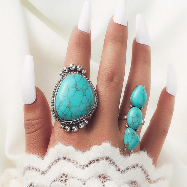 Wholesale Cross-Border Wish Hot-Selling Hand Jewelry Retro Bohemian Style Large Turquoise 2-Piece Set Ring Factory Direct Sale