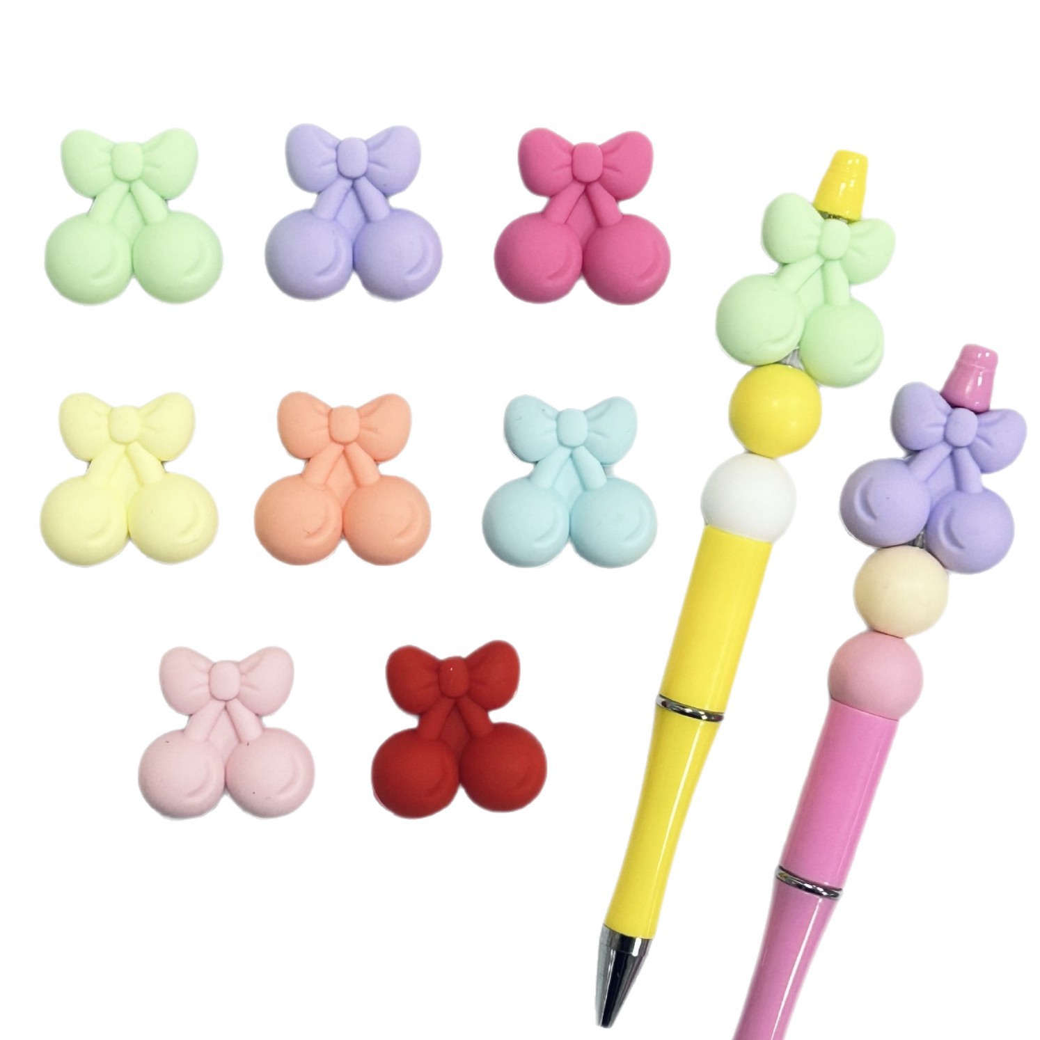 Wholesale New food-grade silicone teething beads, macaron-colored bow cherry 3D beads, DIY jewelry loose beads.