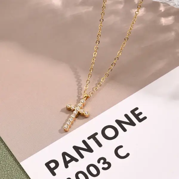 Wholesale Jewelry Casual Vacation Cross 304 Stainless Steel Rhinestones 18K Gold Plated Handmade Polishing Plating Ball Chain Cable Chain Necklace