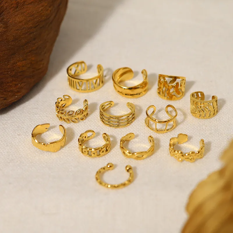 Wholesale PVD Coated 18K Gold Real Gold Plated Leaf Roman Numeral Flower 304 Stainless Steel Simple Style Waterproof Non Tarnish Ear Cuffs