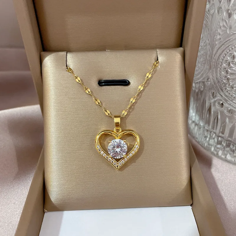 Wholesale Real Gold Plated 304 Stainless Steel PVD Coated Zircon Heart Shape Waterproof Non Tarnish Fashion Pendant Necklace For Women'S
