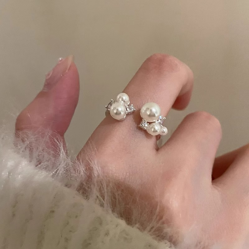 Wholesale Pearl Zircon Open Ring Women's Light Luxury High-end Finger Ring Niche Design Distinctive Exaerated Decorative Ring
