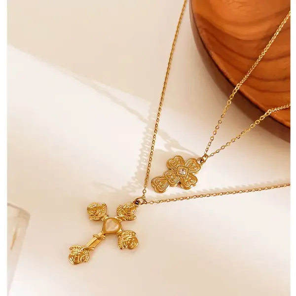 Wholesale 304 Stainless Steel Cross Rose PVD Coated Rhinestones Cat's Eye Stone Real Gold Plated Retro French Style Romantic Waterproof Non Tarnish Irregular Surgical Steel Cable Chain Lobster Trigger Clasp Closure Gold Pendant Necklace