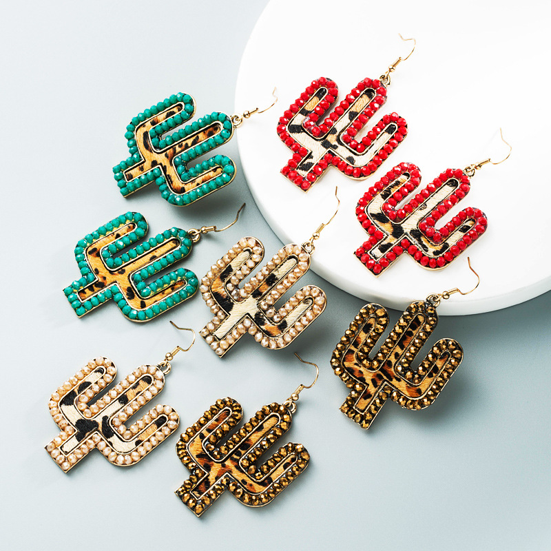 Wholesale New retro leather exaerated earrings with crystal leopard print leather cactus earrings Amazon independent station Hot