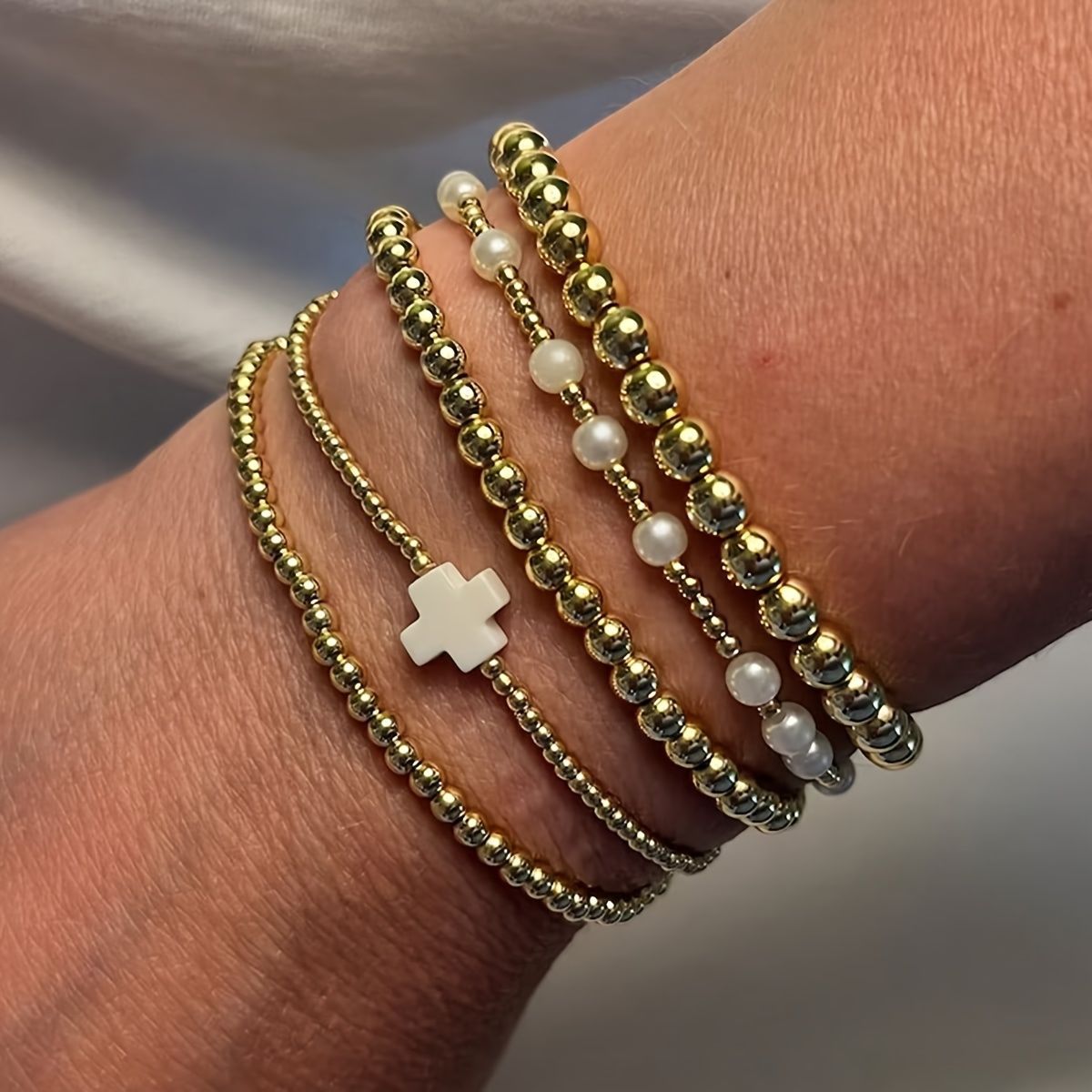 Wholesale Full-Managed Cross-Border Bracelet B Beaded Bracelet 5-Piece Set Niche Design Sense Elegant Stacked Bracelet