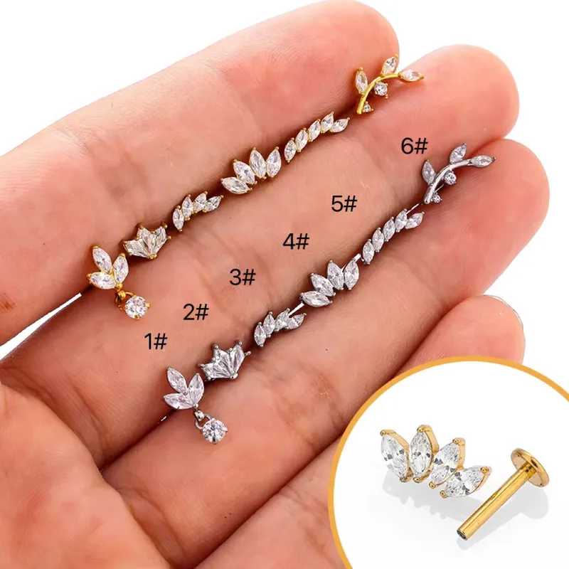 Wholesale 1 Piece Lip Rings Casual Simple Style Classic Style Leaves Crown 316L Stainless Steel Waterproof Non Tarnish Surgical Steel Zircon Ion Plati