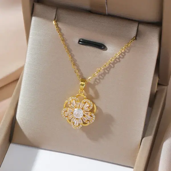 Wholesale Women's Flower Inlaid Zircon Cross Necklace Simple Bohemian Style Titanium Steel Fashion Jewelry Collarbone Chain Pendant