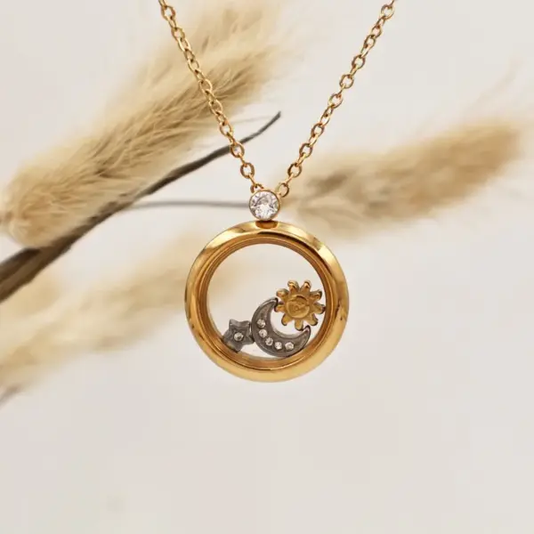 304 Stainless Steel Sun Star Moon Ion Plating (IP) Artificial Rhinestones Rhinestones 18K Gold Plated Retro Classic Style Waterproof Non Tarnish Plating Cable Chain Gold Pendant Necklace