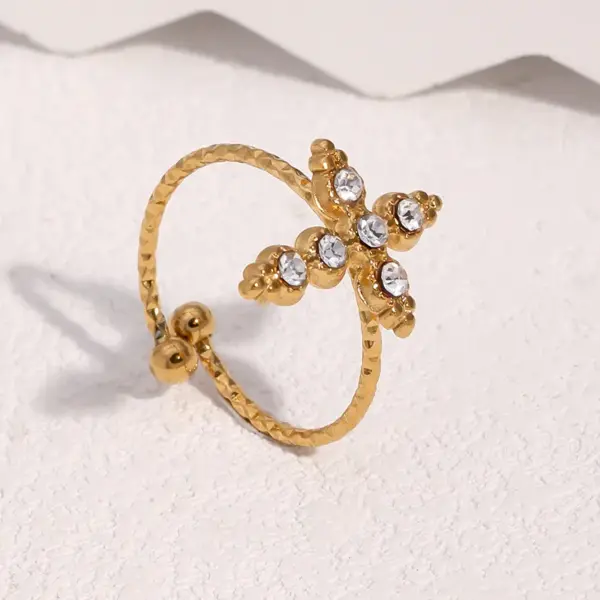 Wholesale Hot-Selling Stainless Steel Ring Personality Retro Cross Inlaid Diamond Open Ring 18k Gold Titanium Steel Jewelry For Women