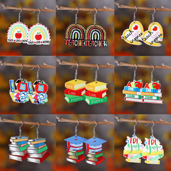 Wholesale Cross-border New School Season Pencil Apple Rainbow Love Ruler Pendant Earrings Acrylic Back-to-school Season Earrings