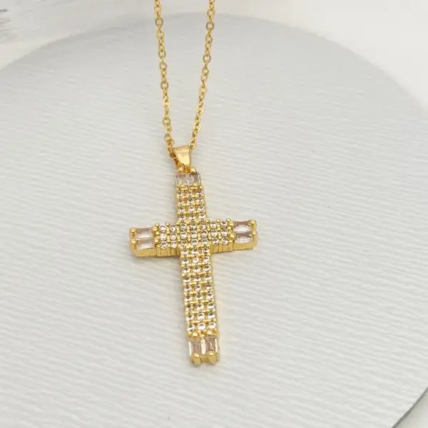 Wholesale Jewelry Commute Cross 201 Stainless Steel Glass Zircon Gold Plated Silver Plated Inlay Stainless Steel Necklaces