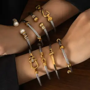 304 Stainless Steel Geometric Ion Plating (IP) Stone-Free 18K Real Gold Plated Casual Lady Rock Waterproof Non Tarnish Plating Inlay Gold Steel Color Intercolor Bangle