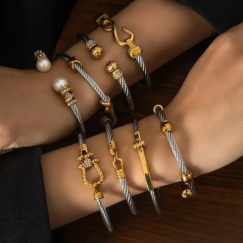 Wholesale 304 Stainless Steel Geometric Ion Plating (IP) Stone-Free 18K Real Gold Plated Casual Lady Rock Waterproof Non Tarnish Plating Inlay Gold Steel Color Intercolor Bangle