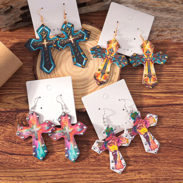Wholesale Western-style colorful rhinestone cross earrings