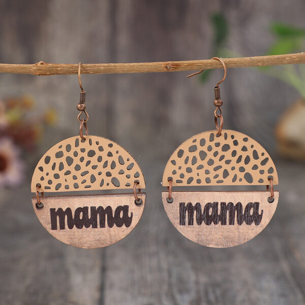Wholesale Cross-border AliExpress New Mother's Day retro style wood piece leather combination letter mom round earrings